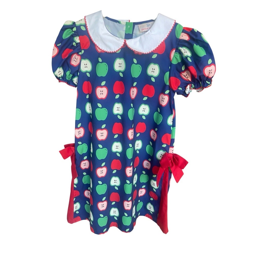 Smockingbird Girls Size 6 Blue Fruit A-Line Puff Sleeve Peter Pan Collar Dress